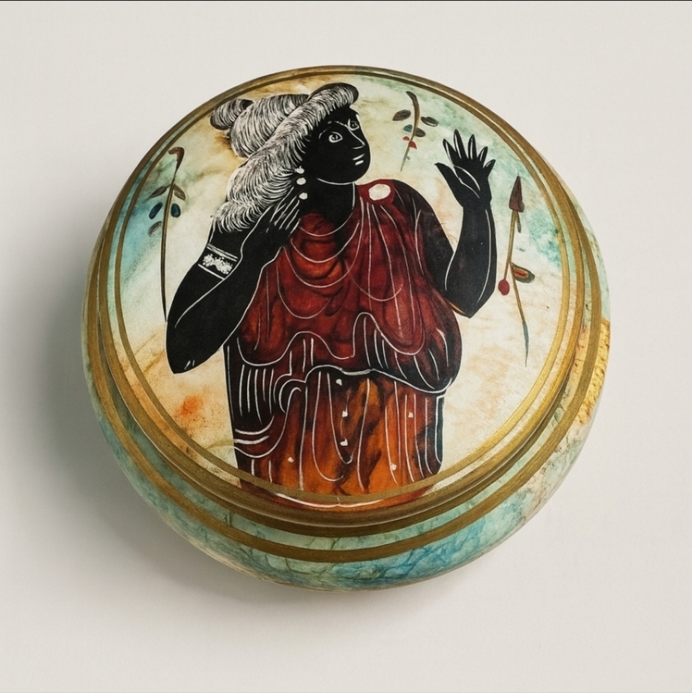 Vintage Greek Alabaster Hand Painted Trinket Box Jewelry Goddess Motif